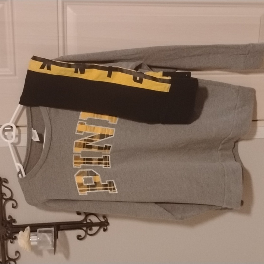 VS PINK Oversized Gray w Black & Gold Plaid Logo Sweatshirt & Leggings Set XS/S